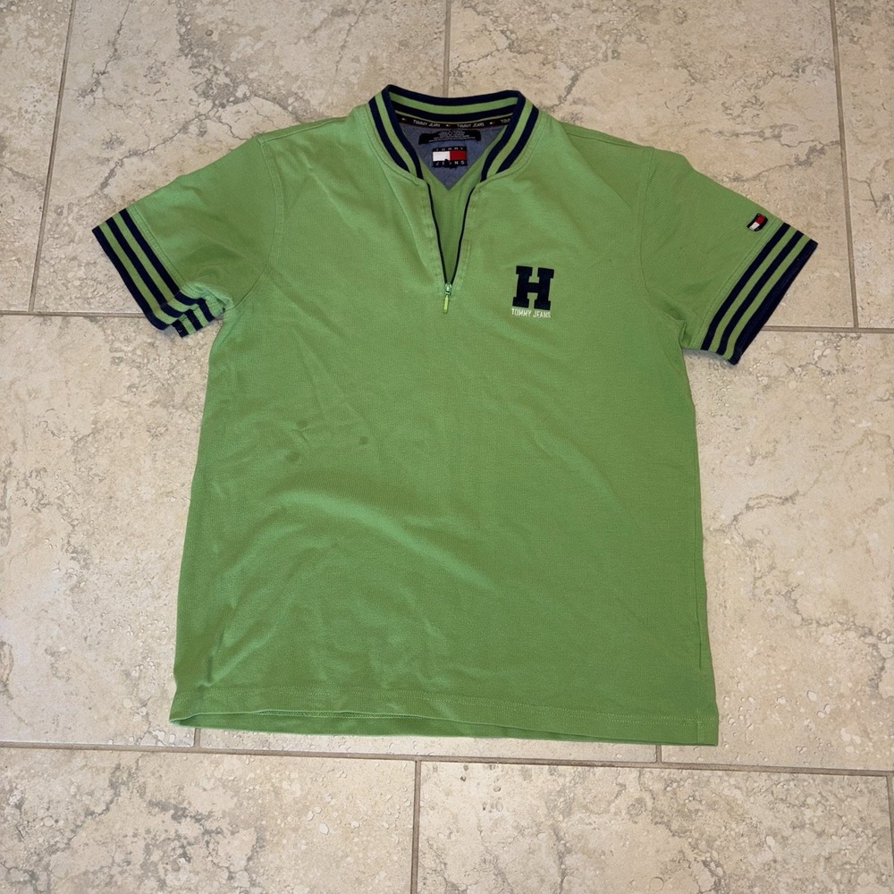 Tommy Hilfiger Jeans Mens Green 1/4 Zip Short Sleeve Shirt size Large Spots